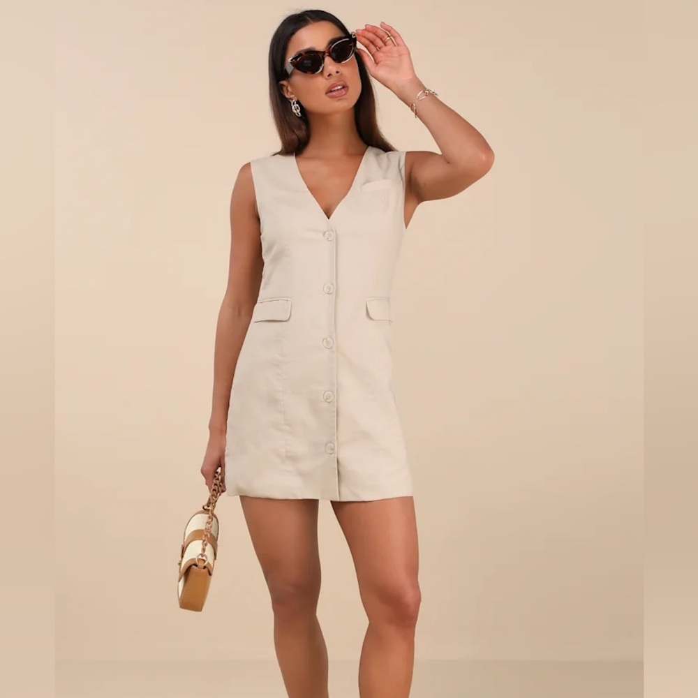 Lulu's Mairi Beige Linen Button-Front Sleeveless Mini Dress